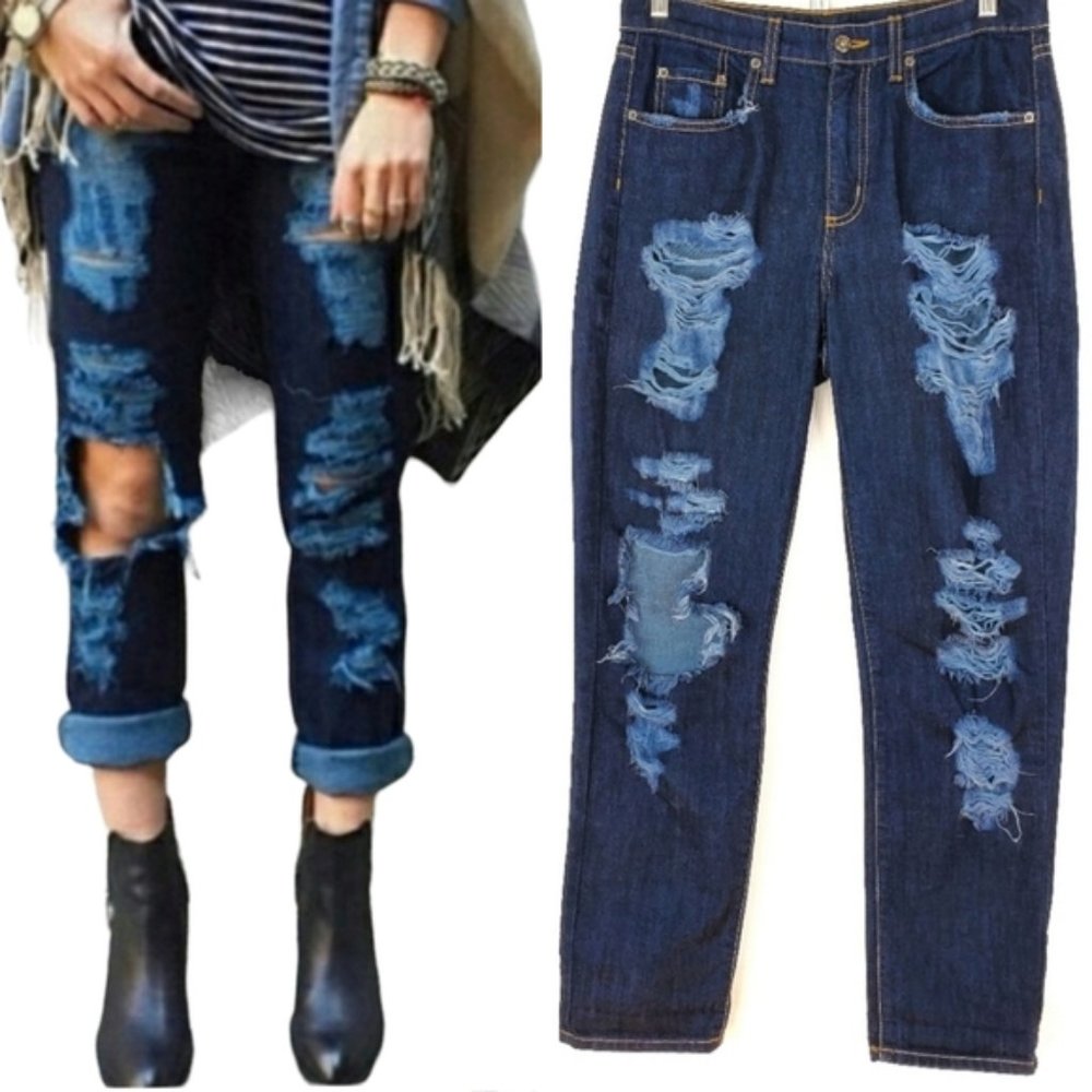 CARMAR LF High Rise Destroyed Ripped Boyfriend Straight Leg Jean Dark Wash 26